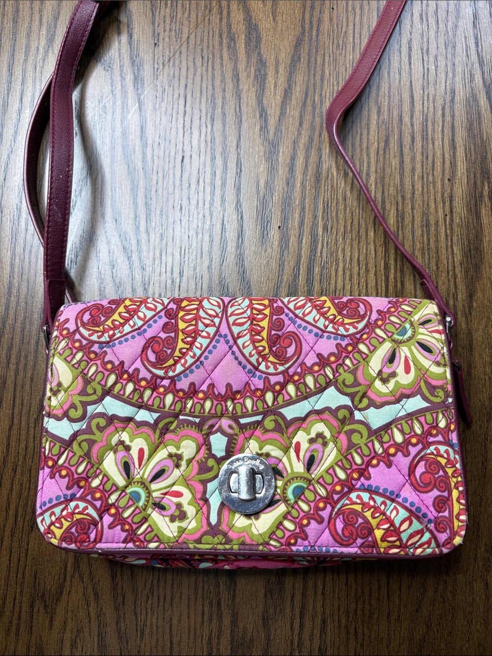 Vera Bradley Pink Paisley Quilted Crossbody with Burgundy Strap #1160 CL